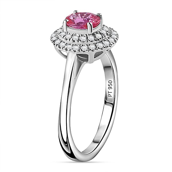 Certified & Appraised Rhapsody AAAA Padparadscha Sapphire And E-F VS Diamond 1.35 Ctw Double Halo Ring In 950 Platinum 5.60 Grams