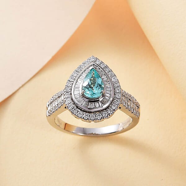 Certified & Appraised Rhapsody AAAA Paraiba Tourmaline And E-F VS Diamond 2.00 Ctw Ring In 950 Platinum 9.40 Grams