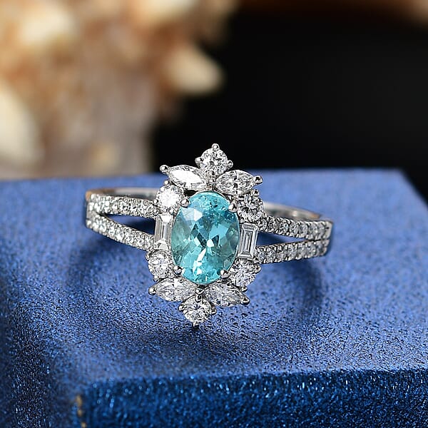 Certified & Appraised Rhapsody AAAA Paraiba Tourmaline And E-F VS2 Diamond 2.65 Ctw Ring In 950 Platinum 6.70 Grams