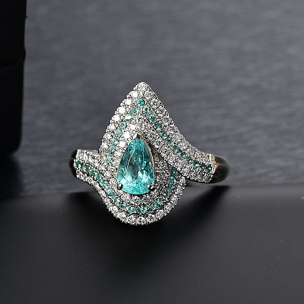 Certified & Appraised Rhapsody AAAA Paraiba Tourmaline And E-F VS2 Diamond 2.15 Ctw Ring In 950 Platinum 10.15 Grams