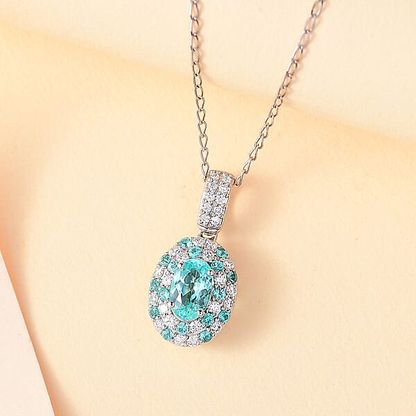 Certified & Appraised Rhapsody AAAA Paraiba Tourmaline And E-F VS Diamond 1.37 Ctw Pendant Necklace In 950 Platinum 18 Inches