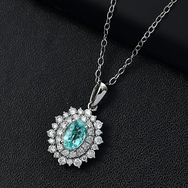 Certified & Appraised Rhapsody AAAA Paraiba Tourmaline And E-F VS2 Diamond 1.50 Ctw Pendant Necklace In 950 Platinum 20 Inches 4.50 Grams
