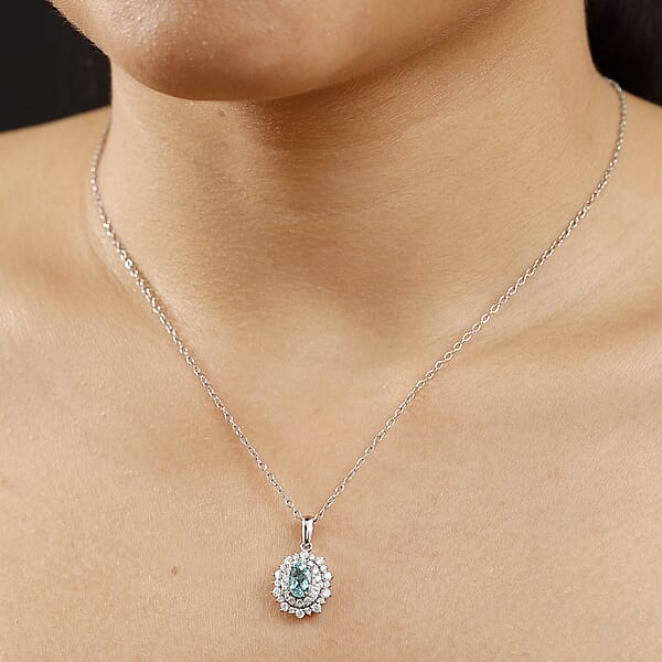 Certified & Appraised Rhapsody AAAA Paraiba Tourmaline And E-F VS2 Diamond 1.50 Ctw Pendant Necklace In 950 Platinum 20 Inches 4.50 Grams