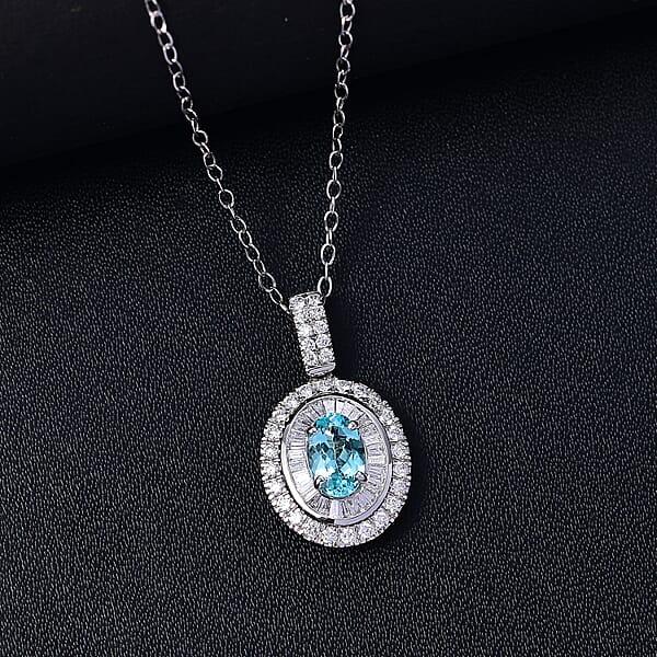 Certified & Appraised Rhapsody AAAA Paraiba Tourmaline And E-F VS2 Diamond 2.00 Ctw Double Halo Pendant Necklace In 950 Platinum 4.60 Grams 20 Inches