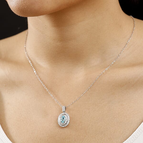Certified & Appraised Rhapsody AAAA Paraiba Tourmaline And E-F VS2 Diamond 2.00 Ctw Double Halo Pendant Necklace In 950 Platinum 4.60 Grams 20 Inches