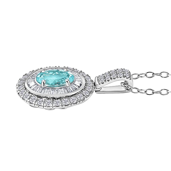 Certified & Appraised Rhapsody AAAA Paraiba Tourmaline And E-F VS2 Diamond 2.00 Ctw Double Halo Pendant Necklace In 950 Platinum 4.60 Grams 20 Inches