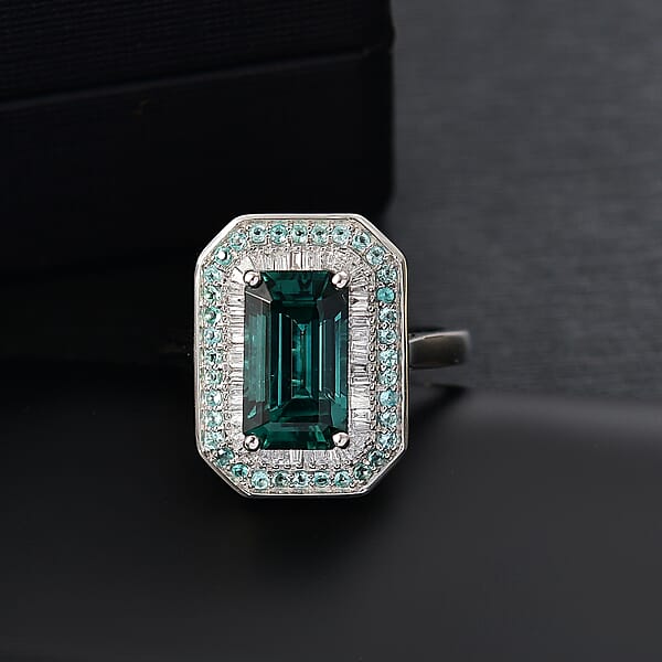 Certified & Appraised Rhapsody AAAA Pirineu Lagoon Tourmaline Paraiba Tourmaline And E-F VS2 Diamond 5.31 Ctw Ring In 950 Platinum 9.50 Grams