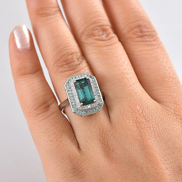 Certified & Appraised Rhapsody AAAA Pirineu Lagoon Tourmaline Paraiba Tourmaline And E-F VS2 Diamond 5.31 Ctw Ring In 950 Platinum 9.50 Grams