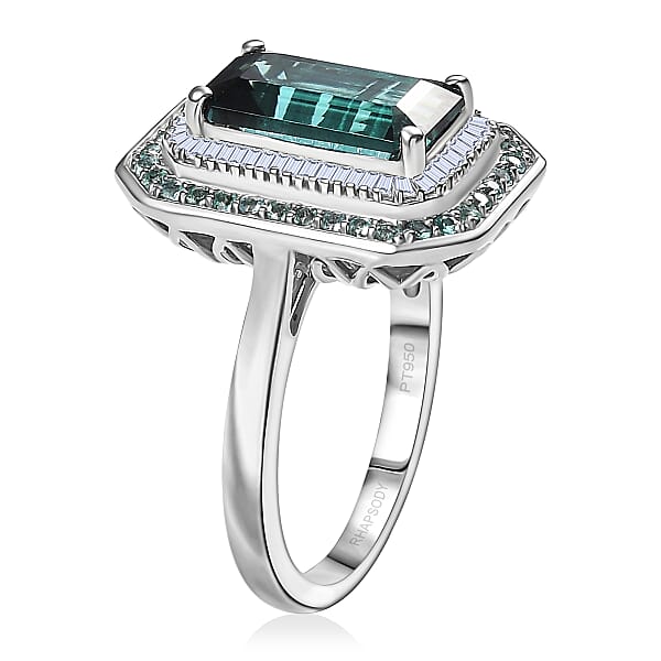 Certified & Appraised Rhapsody AAAA Pirineu Lagoon Tourmaline Paraiba Tourmaline And E-F VS2 Diamond 5.31 Ctw Ring In 950 Platinum 9.50 Grams