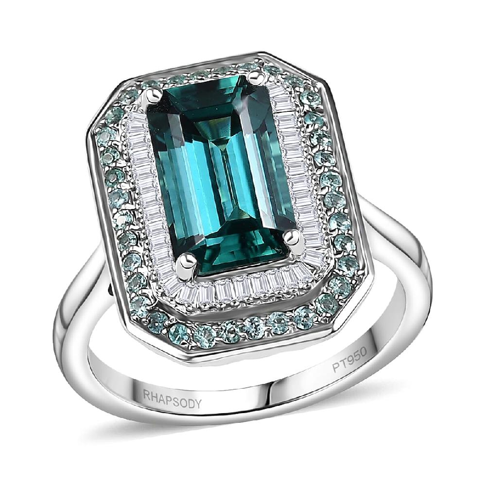 Certified & Appraised Rhapsody AAAA Pirineu Lagoon Tourmaline Paraiba Tourmaline and E-F VS2 Diamond 5.31 ctw Ring in 950 Platinum 9.50 Grams