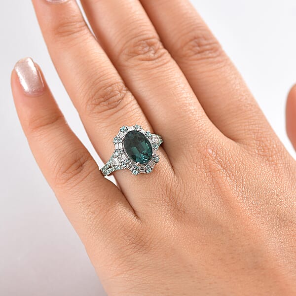 Certified & Appraised Rhapsody AAAA Pirineu Lagoon Tourmaline Paraiba Tourmaline And E-F VS2 Diamond 4.40 Ctw Ring In 950 Platinum 9 Grams