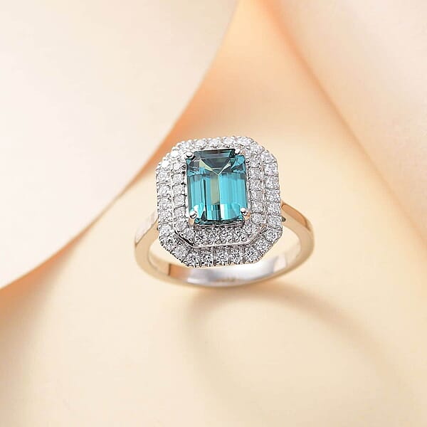 Certified & Appraised Rhapsody AAAA Pirineu Lagoon Tourmaline And E-F VS2 Diamond 3.30 Ctw Double Halo Ring In 950 Platinum (Size 10.0) 8.05 Grams