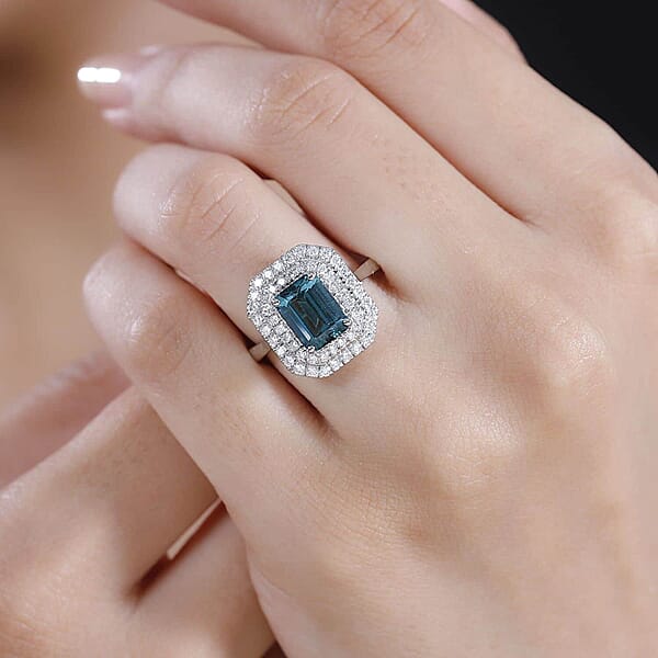 Certified & Appraised Rhapsody AAAA Pirineu Lagoon Tourmaline And E-F VS2 Diamond 3.30 Ctw Double Halo Ring In 950 Platinum (Size 10.0) 8.05 Grams