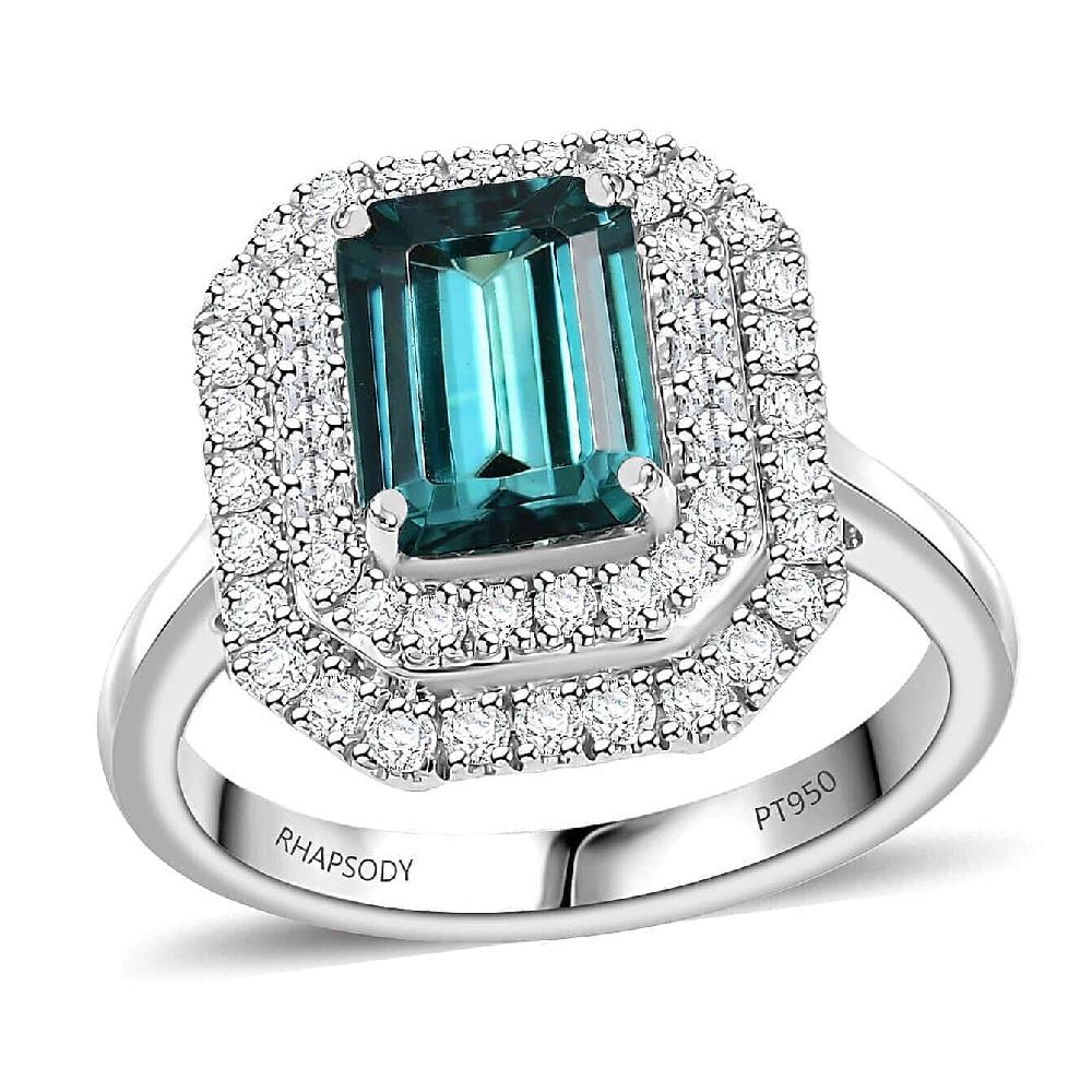 Certified & Appraised Rhapsody AAAA Pirineu Lagoon Tourmaline and E-F VS2 Diamond 3.30 ctw Double Halo Ring in 950 Platinum (Size 10.0) 8.05 Grams