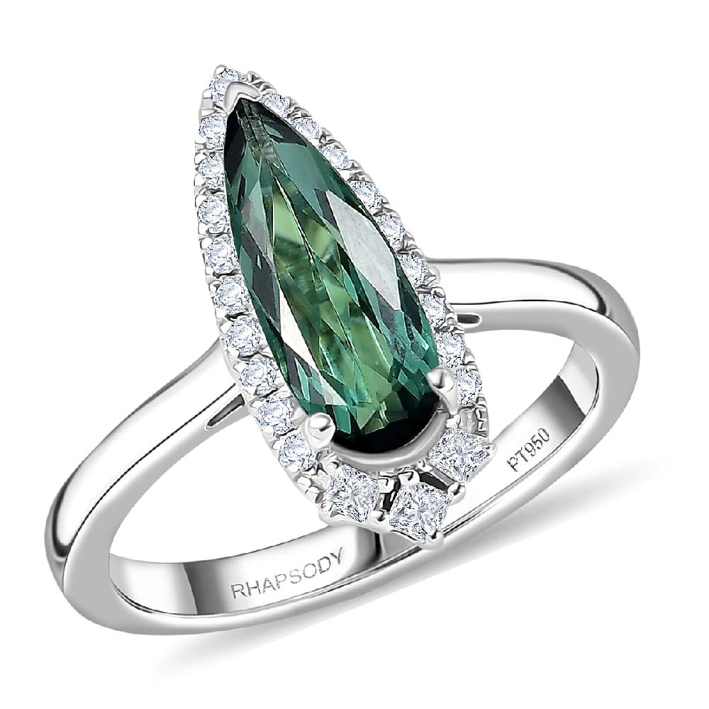 Certified & Appraised Rhapsody AAAA Pirineu Lagoon Tourmaline and E-F VS Diamond 1.51 ctw Ring in 950 Platinum 6.36 Grams