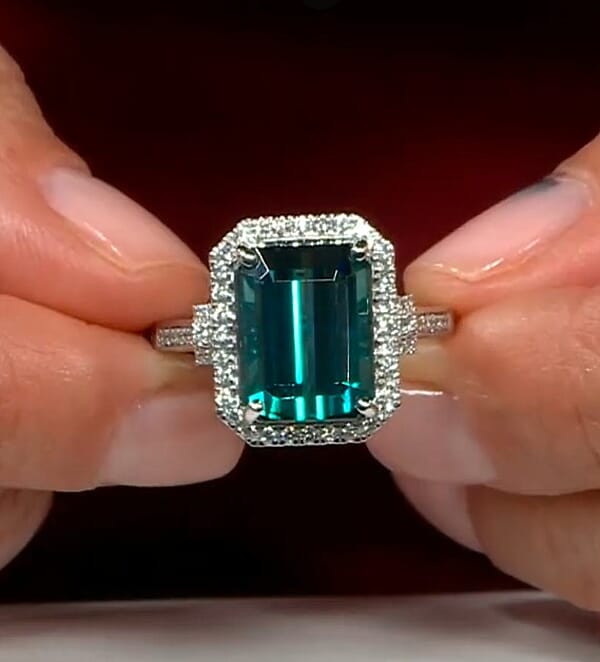 Certified & Appraised Rhapsody AAAA Pirineu Lagoon Tourmaline And E-F VS Diamond 10.10 Ctw Ring In 950 Platinum 9.25 Grams