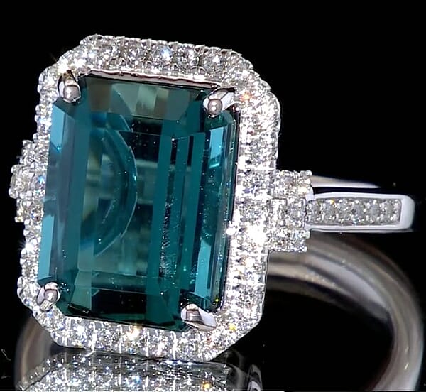 Certified & Appraised Rhapsody AAAA Pirineu Lagoon Tourmaline And E-F VS Diamond 10.10 Ctw Ring In 950 Platinum 9.25 Grams