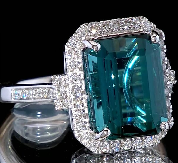 Certified & Appraised Rhapsody AAAA Pirineu Lagoon Tourmaline And E-F VS Diamond 10.10 Ctw Ring In 950 Platinum 9.25 Grams