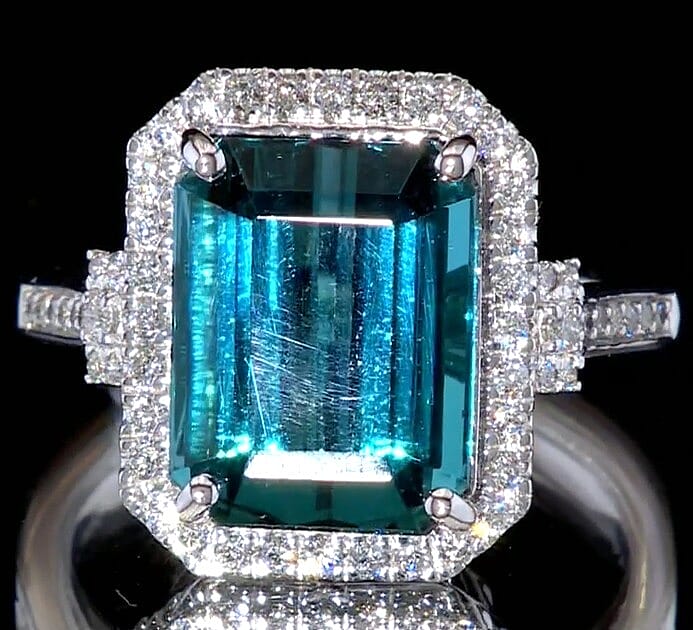 Certified & Appraised Rhapsody AAAA Pirineu Lagoon Tourmaline and E-F VS Diamond 10.10 ctw Ring in 950 Platinum 9.25 Grams