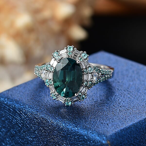Certified & Appraised Rhapsody AAAA Pirineu Lagoon Tourmaline Paraiba Tourmaline And E-F VS2 Diamond 4.40 Ctw Ring In 950 Platinum 9 Grams