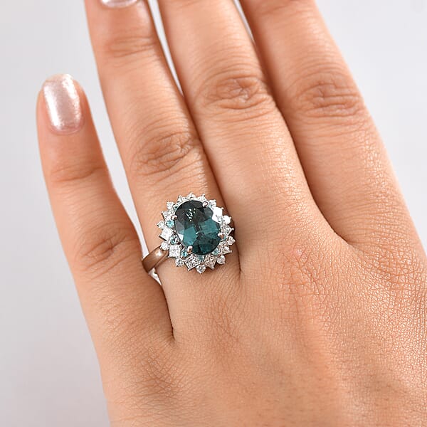 Certified & Appraised Rhapsody AAAA Pirineu Lagoon Tourmaline Paraiba Tourmaline And E-F VS2 Diamond 6.10 Ctw Ring In 950 Platinum 8.30 Grams
