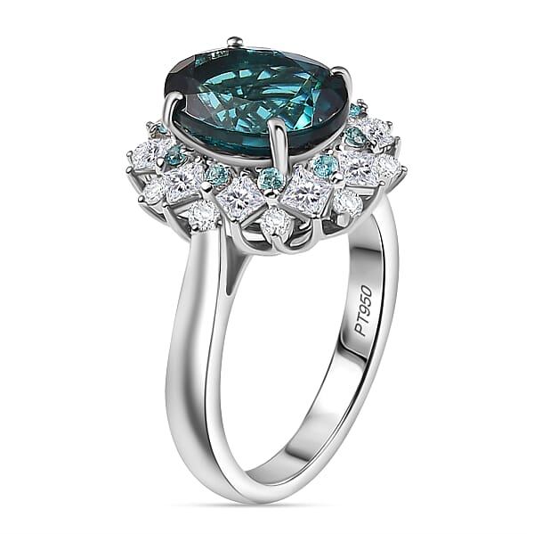 Certified & Appraised Rhapsody AAAA Pirineu Lagoon Tourmaline Paraiba Tourmaline And E-F VS2 Diamond 6.10 Ctw Ring In 950 Platinum 8.30 Grams