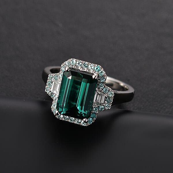 Certified & Appraised Rhapsody AAAA Pirineu Lagoon Tourmaline Paraiba Tourmaline And E-F VS2 Diamond 5.25 Ctw Halo Ring In 950 Platinum
