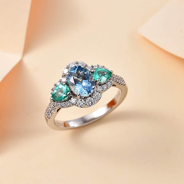 Certified & Appraised Rhapsody AAAA Santa Maria Aquamarine Boyaca Colombian Emerald And E-F VS Diamond 2.00 Ctw Ring In 950 Platinum 5.90 Grams