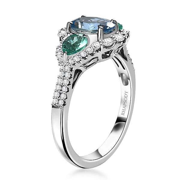 Certified & Appraised Rhapsody AAAA Santa Maria Aquamarine Boyaca Colombian Emerald And E-F VS Diamond 2.00 Ctw Ring In 950 Platinum 5.90 Grams