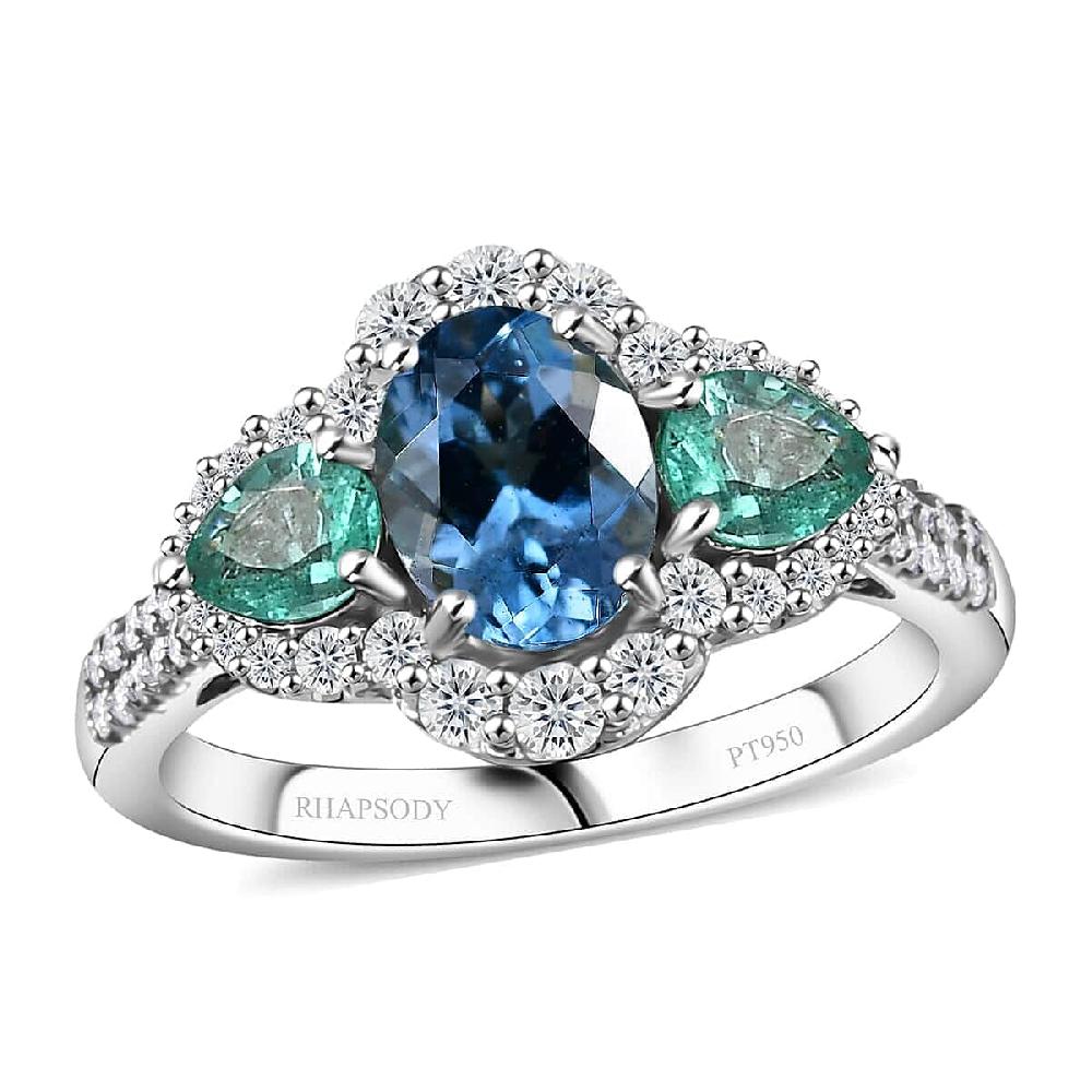 Certified & Appraised Rhapsody AAAA Santa Maria Aquamarine Boyaca Colombian Emerald and E-F VS Diamond 2.00 ctw Ring in 950 Platinum 5.90 Grams