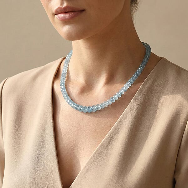 Certified & Appraised Rhapsody AAAA Santa Maria Aquamarine 75.00 Ctw Beaded Necklace In 950 Platinum 18 Inches