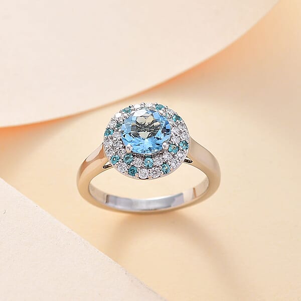 Certified & Appraised Rhapsody AAAA Santa Maria Aquamarine Paraiba Tourmaline And E-F VS Diamond 1.50 Ctw Double Halo Ring In 950 Platinum 6.22 Grams