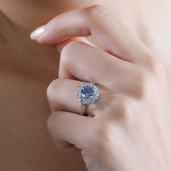 Certified & Appraised Rhapsody AAAA Santa Maria Aquamarine Paraiba Tourmaline And E-F VS Diamond 1.50 Ctw Double Halo Ring In 950 Platinum 6.22 Grams