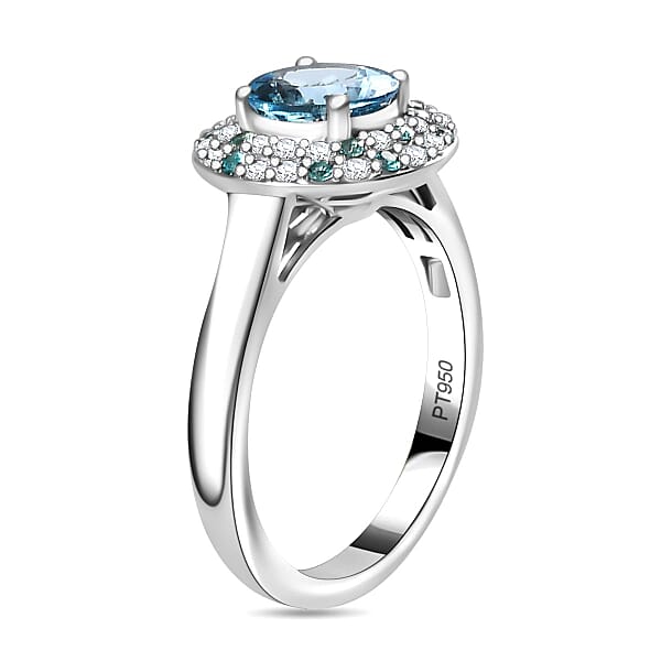 Certified & Appraised Rhapsody AAAA Santa Maria Aquamarine Paraiba Tourmaline And E-F VS Diamond 1.50 Ctw Double Halo Ring In 950 Platinum 6.22 Grams
