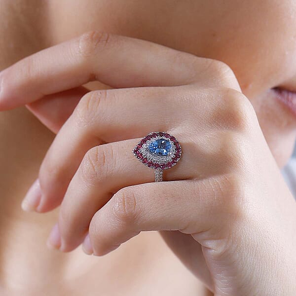 Certified & Appraised Rhapsody AAAA Santa Maria Aquamarine Ouro Fino Rubellite And E-F VS Diamond 2.00 Ctw Double Halo Ring In 950 Platinum 6.78 Grams