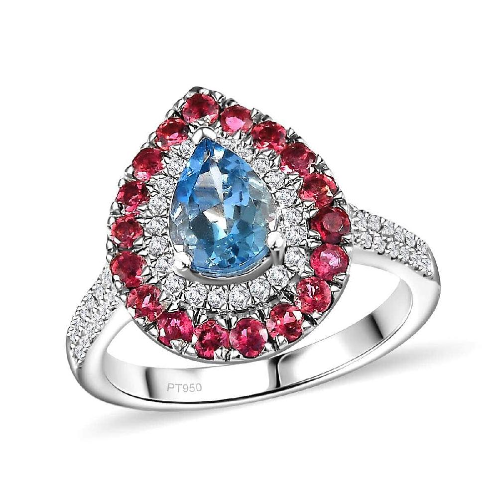 Certified & Appraised Rhapsody AAAA Santa Maria Aquamarine Ouro Fino Rubellite and E-F VS Diamond 2.00 ctw Double Halo Ring in 950 Platinum 6.78 Grams