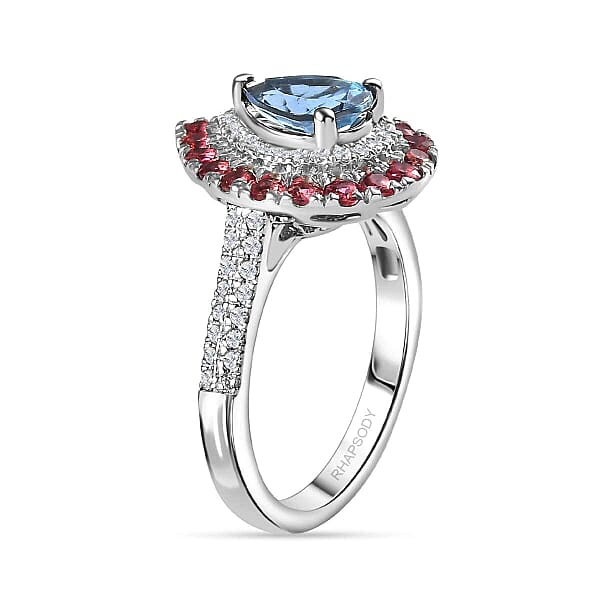 Certified & Appraised Rhapsody AAAA Santa Maria Aquamarine Ouro Fino Rubellite And E-F VS Diamond 2.00 Ctw Double Halo Ring In 950 Platinum 6.78 Grams