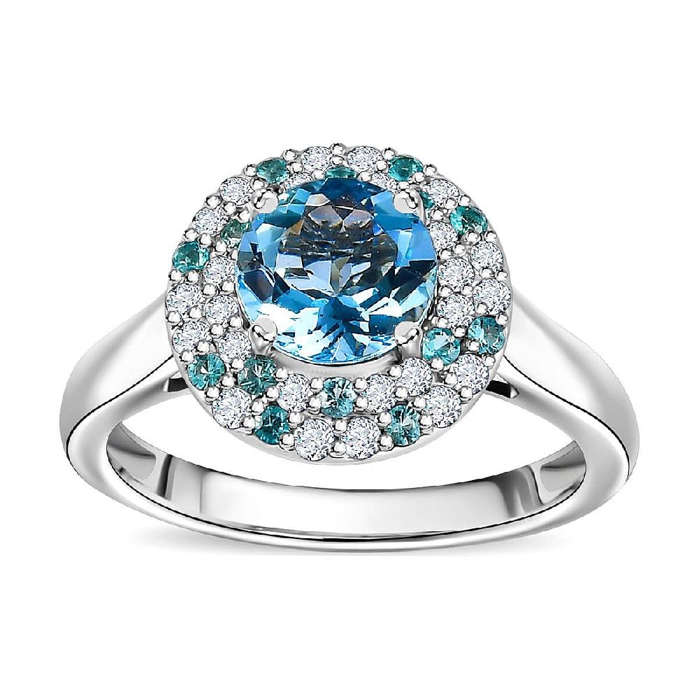 Certified & Appraised Rhapsody AAAA Santa Maria Aquamarine Paraiba Tourmaline and E-F VS Diamond 1.50 ctw Double Halo Ring in 950 Platinum 6.22 Grams