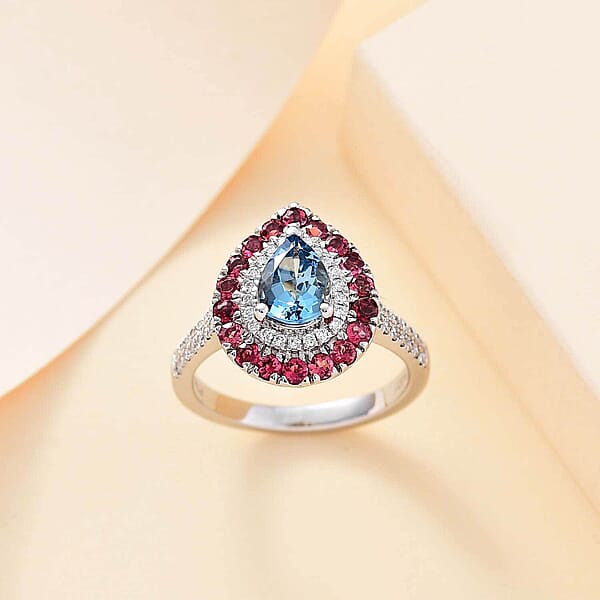Certified & Appraised Rhapsody AAAA Santa Maria Aquamarine Ouro Fino Rubellite And E-F VS Diamond 2.00 Ctw Double Halo Ring In 950 Platinum 6.78 Grams