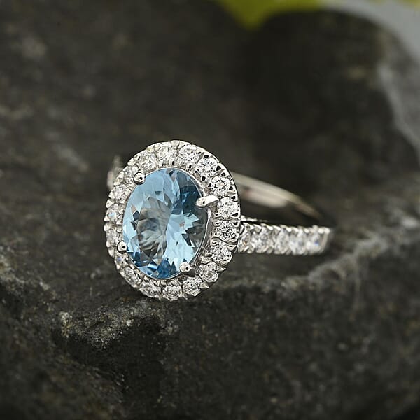 Certified & Appraised Rhapsody AAAA Santa Maria Aquamarine And E-F VS2 Diamond 2.50 Ctw Halo Ring In 950 Platinum 6 Grams