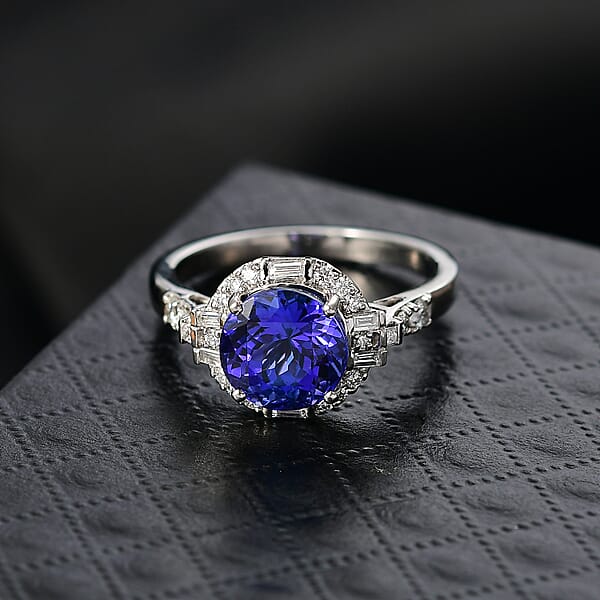 Certified & Appraised Rhapsody AAAA Tanzanite And Diamond E-F VS 4.03 Ctw Art Deco Ring In 950 Platinum 6.83 Grams