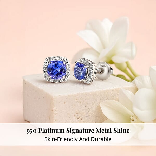 Certified & Appraised Rhapsody AAAA Tanzanite And E-F VS Diamond 2.80 Ctw Stud Earrings In 950 Platinum