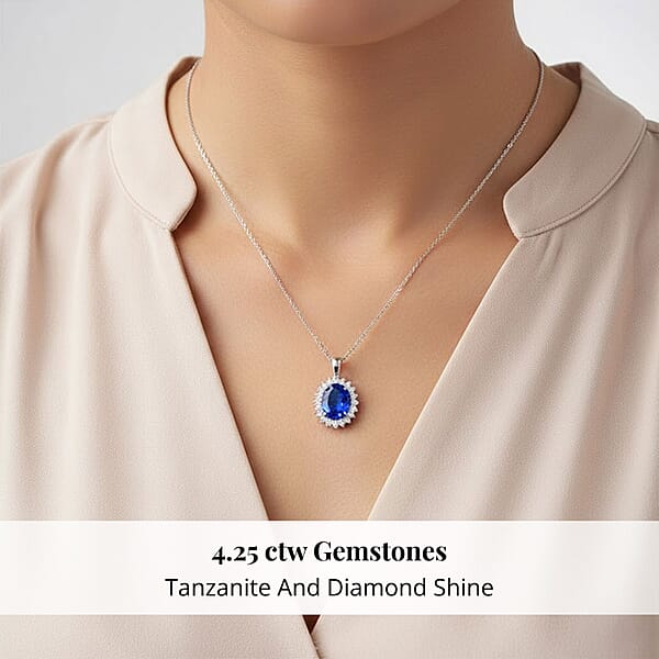 Certified & Appraised Rhapsody AAAA Tanzanite And E-F VS Diamond 4.25 Ctw Sunburst Pendant Without Chain In 950 Platinum