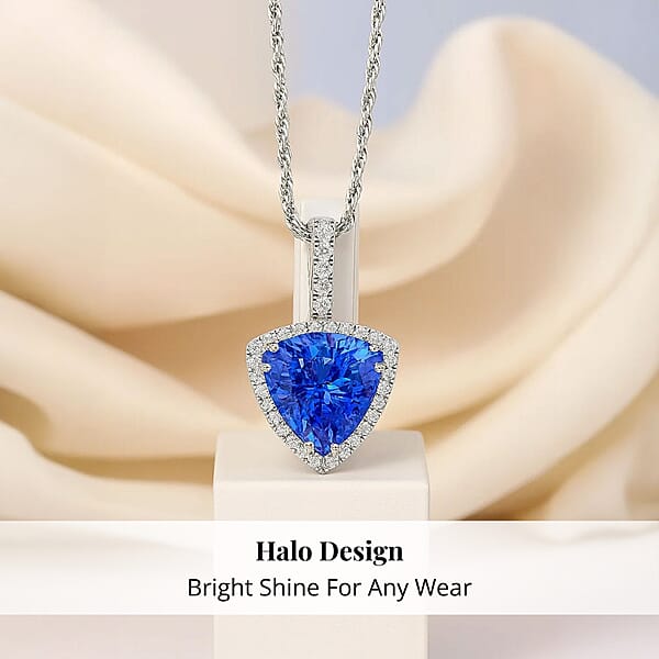 Certified & Appraised Rhapsody AAAA Tanzanite And E-F VS Diamond 3.75 Ctw Halo Pendant Without Chain In 950 Platinum