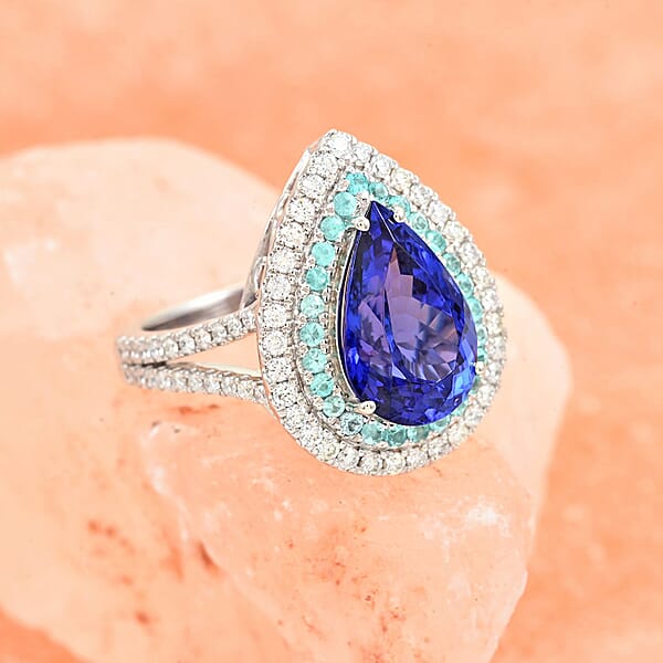Certified & Appraised Rhapsody AAAA Tanzanite And Paraiba Tourmaline And E-F VS Diamond 5.65 Ctw Ring In 950 Platinum 9.90 Grams