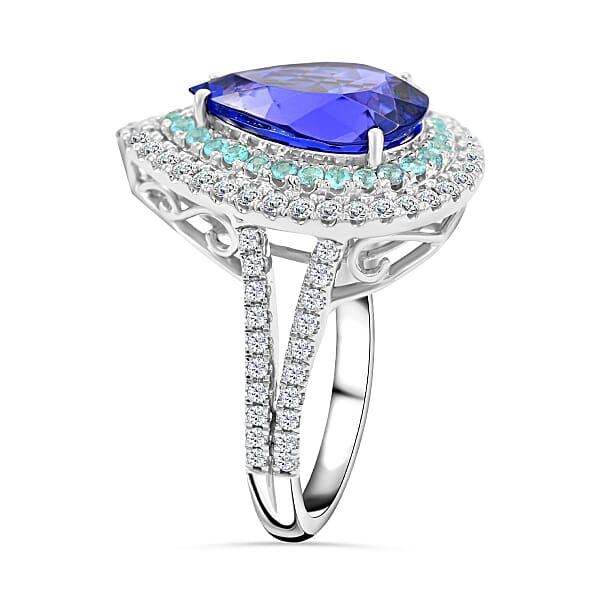 Certified & Appraised Rhapsody AAAA Tanzanite And Paraiba Tourmaline And E-F VS Diamond 5.65 Ctw Ring In 950 Platinum 9.90 Grams