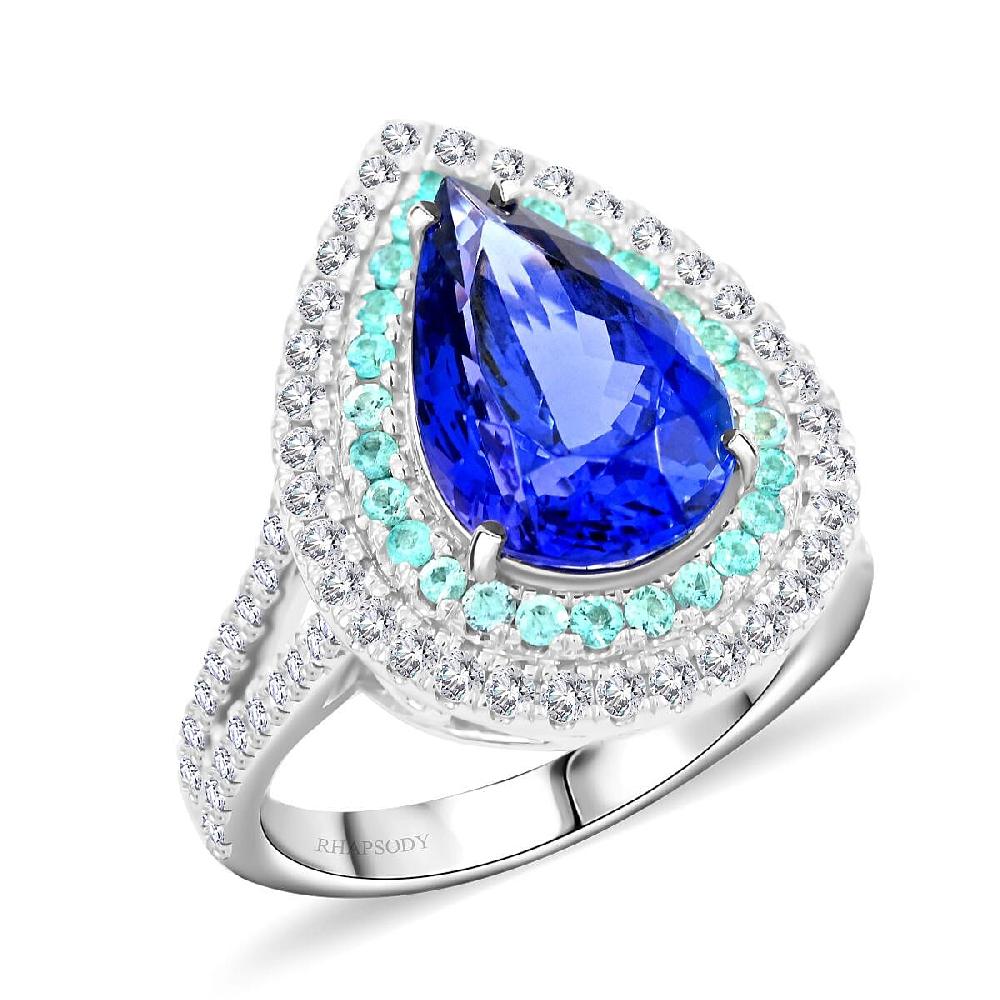 Certified & Appraised Rhapsody AAAA Tanzanite and Paraiba Tourmaline and E-F VS Diamond 5.65 ctw Ring in 950 Platinum 9.90 Grams