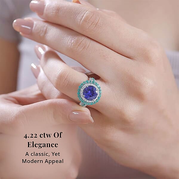Certified & Appraised Rhapsody AAAA Tanzanite Boyaca Colombian Emerald And E-F VS Diamond 4.22 Ctw Ring In 950 Platinum 7.03 Grams