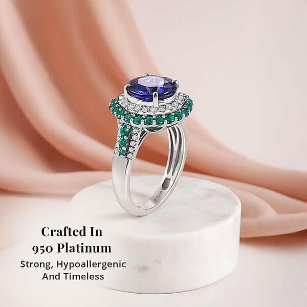 Certified & Appraised Rhapsody AAAA Tanzanite Boyaca Colombian Emerald And E-F VS Diamond 4.22 Ctw Ring In 950 Platinum 7.03 Grams
