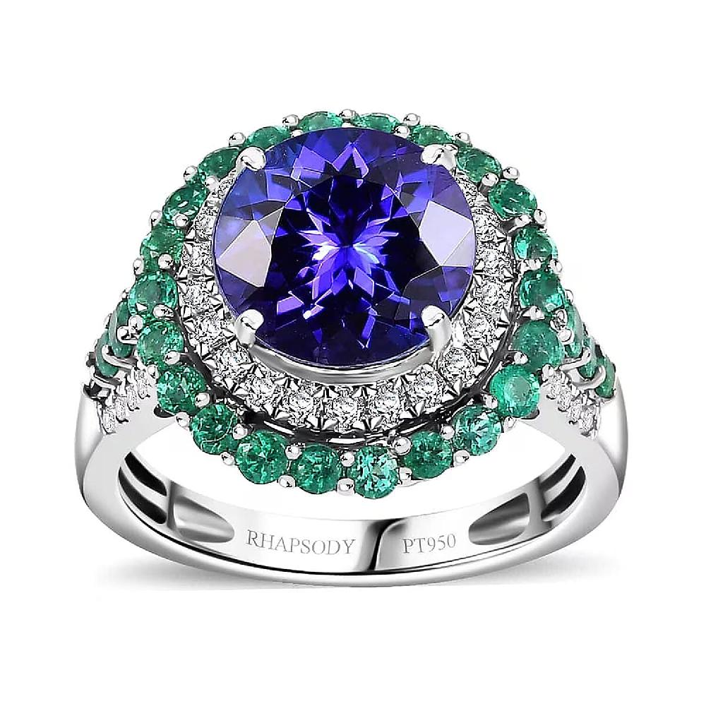 Certified & Appraised Rhapsody AAAA Tanzanite Boyaca Colombian Emerald and E-F VS Diamond 4.22 ctw Ring in 950 Platinum 7.03 Grams